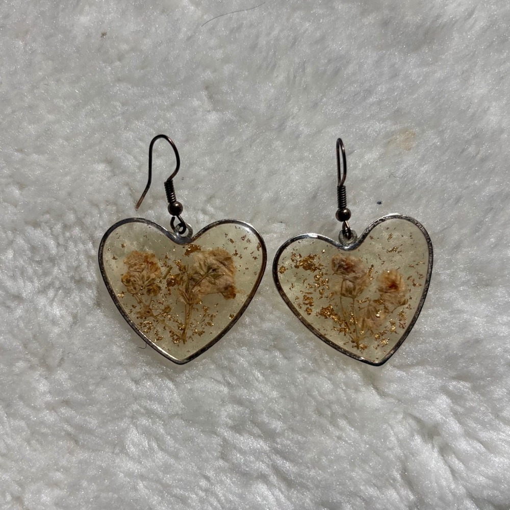 Heart Resin Earrings Dried Flowers Gold Leaf Flakes Dangle Silver Tone